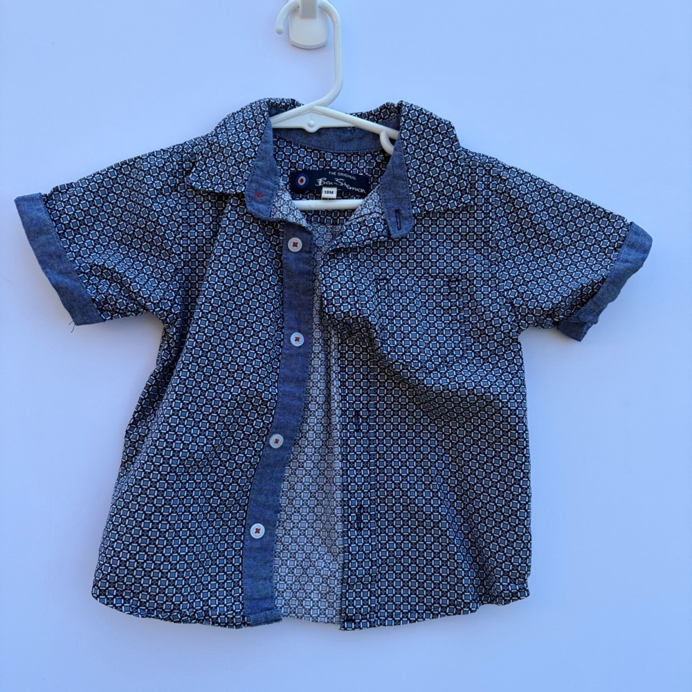 Ben Sherman Boys 18M Blue Geometric Short Sleeve Button Down Shirt Cotton